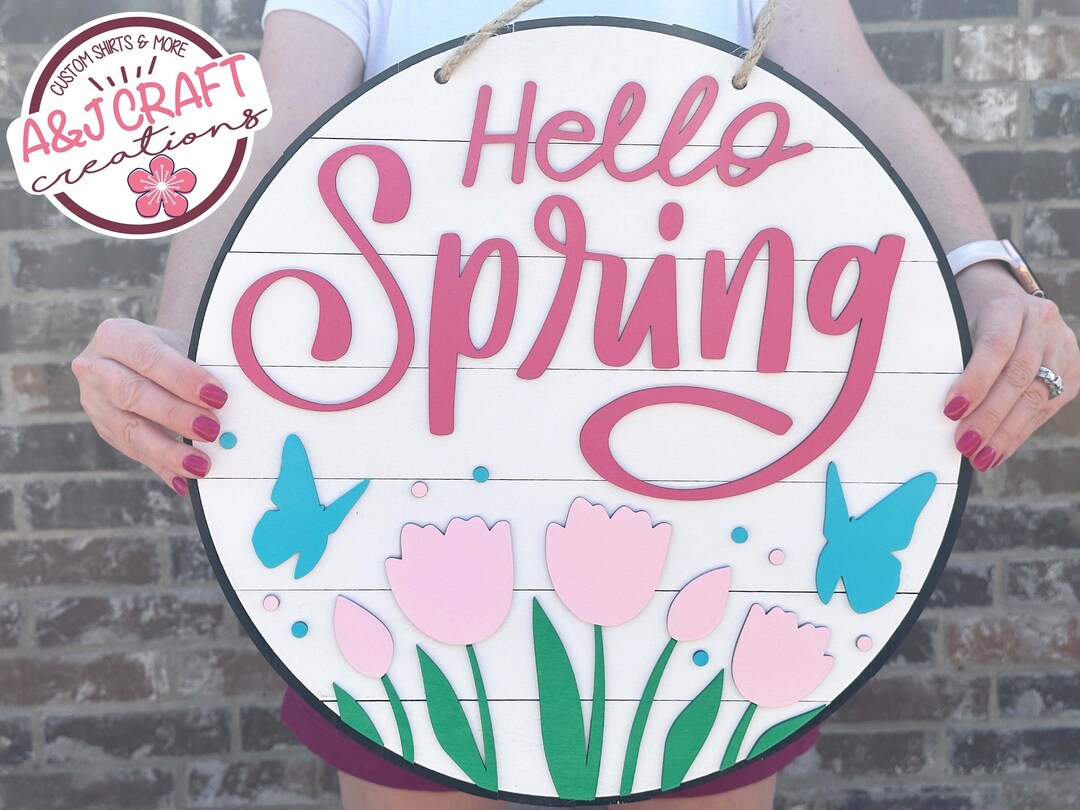 Hello Spring Door Hanger, Butterfly Tulips, 16" Baltic Birch Round Sign ...