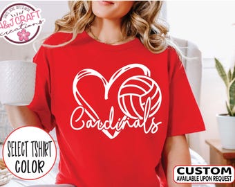 Cardinals Team Mascot Heart Volleyball Tee, School Spirit Shirt