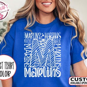 Marlins Team Mascot Spirit Typography Shirt - School Mascot Pride Tshirt for Teachers, Students, Parents & Coach - Cheer, Football, Baseball