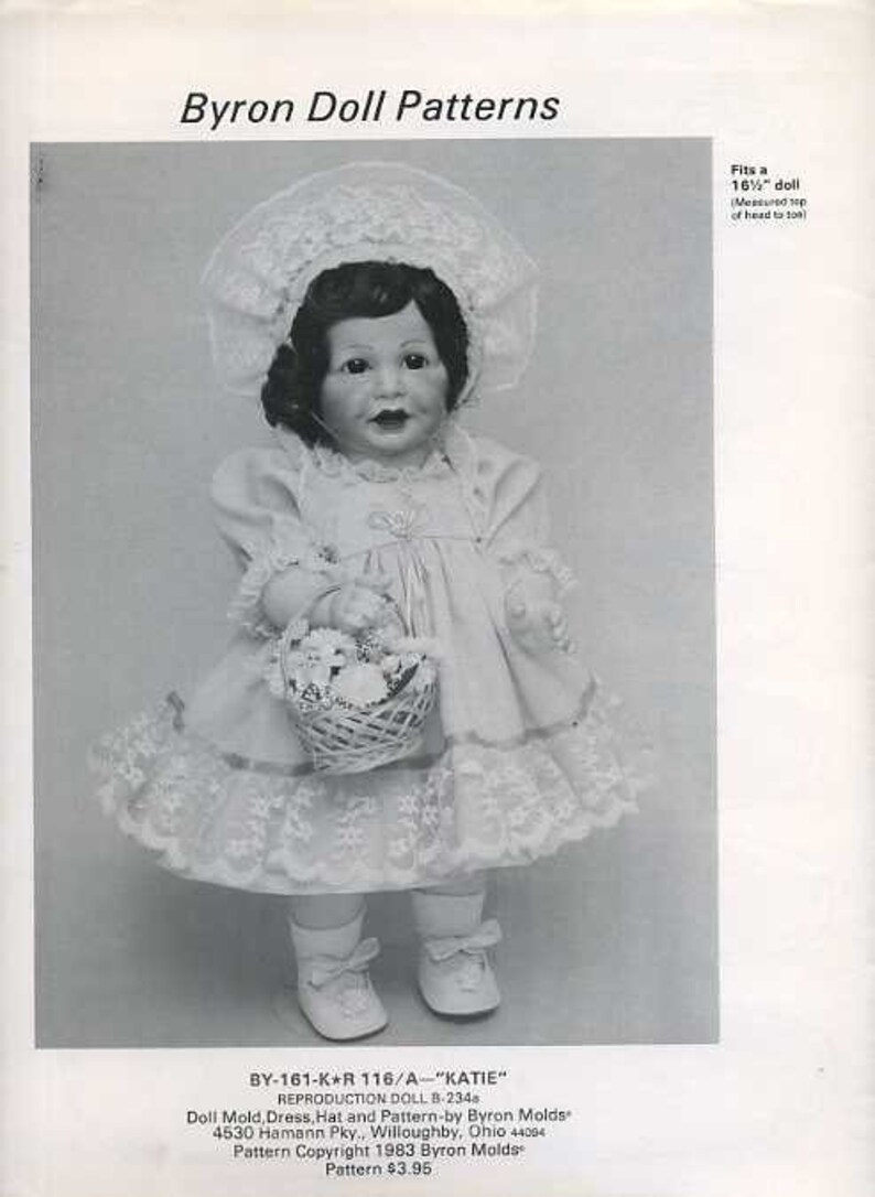 Sewing Pattern Byron Doll Pattern 1980/'s by 161 Katie fits 16.5 Dress Hat New Old Store Stock