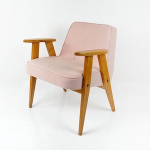Poltrona vintage restaurada de lã rosa dos anos 60 / cadeira &quot;366&quot; de Jozef Chierowski de meados do século / estofada / cadeira