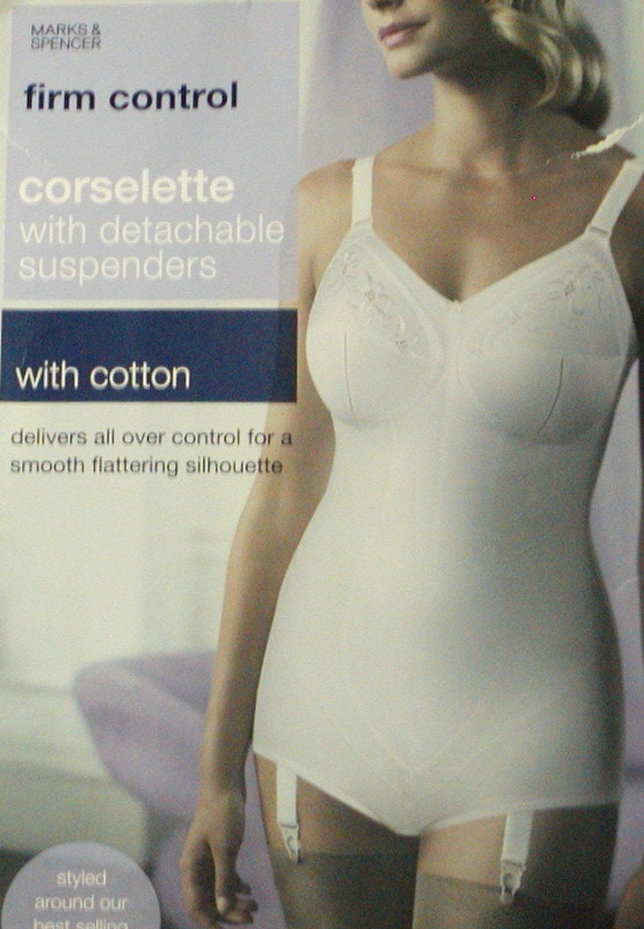 Vintage New Marks & Spencer Firm Control Cotton Wire Free Corselette With  Garters White 40DD 