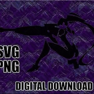 May include: A digital download of a black and white silhouette of a female anime character with long hair, holding a gun. The text "SVG PNG DIGITAL DOWNLOAD" is at the bottom of the image.