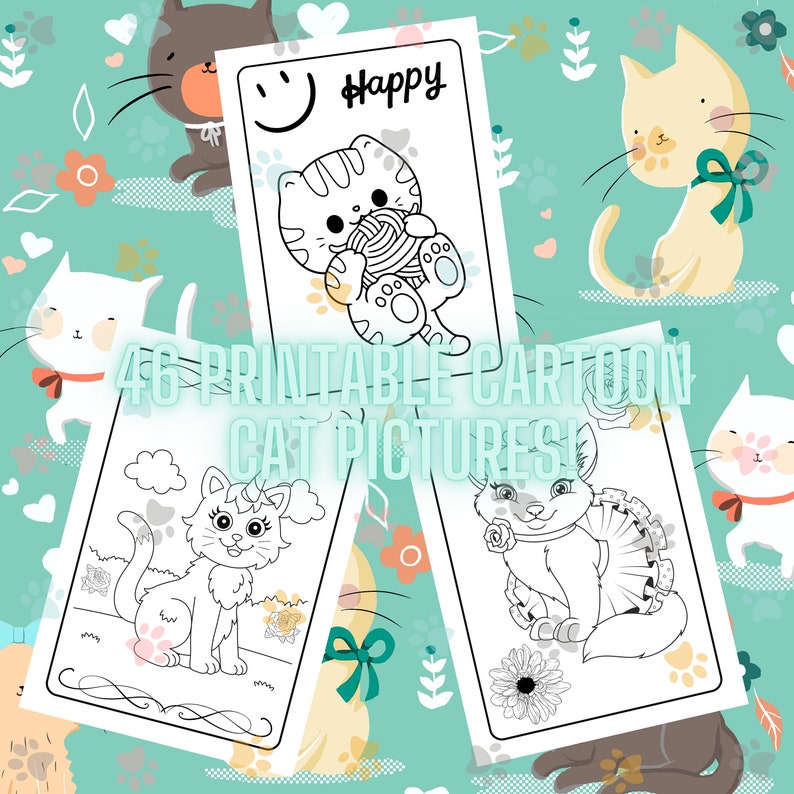 Cute Cartoon Cats Coloring Pages for Kids (46 Printable) (PDF) - Etsy ...