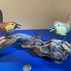 Realistic Wood Carved Pair of Carolina Wrens