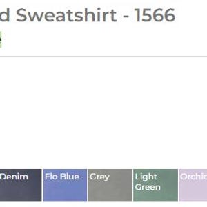 May include: A color chart showing the different colors available for a garment-dyed sweatshirt. The colors include white, blue jean, blue spruce, butter, chambray, crimson, denim, flo blue, grey, light green, steel blue, pepper, seafoam, terracotta, topaz blue, true navy, violet, and watermelon.
