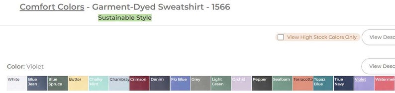 May include: A color chart showing the different colors available for a garment-dyed sweatshirt. The colors include white, blue jean, blue spruce, butter, chambray, crimson, denim, flo blue, grey, light green, steel blue, pepper, seafoam, terracotta, topaz blue, true navy, violet, and watermelon.