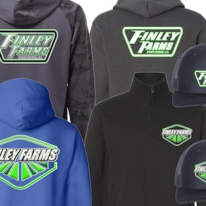 May include: A set of apparel featuring the Finley Farms logo. The set includes a gray hooded sweatshirt with a camo pattern on the sleeves, a black hooded sweatshirt, a blue hooded sweatshirt, a black fleece pullover, and two black and blue baseball caps.
