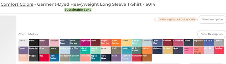 May include: A color chart showing a variety of garment-dyed colors for a long-sleeve t-shirt. The colors include white, black, grey, blue, green, red, orange, yellow, brown, and purple. The chart is labeled "Comfort Colors - Garment-Dyed Heavyweight Long Sleeve T-Shirt - 6014" and "Sustainable Style".