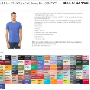 May include: A color chart showing the various colors available for a Bella + Canvas CVC Jersey Tee. The chart includes solid colors, heather colors, and prism colors. The text "BELLA + CANVAS - CVC Jersey Tee - 3001CVC" is at the top of the chart.