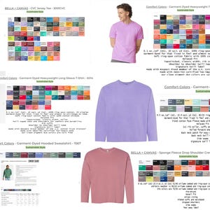 May include: A collage of images showcasing different styles of t-shirts, long-sleeve shirts, and sweatshirts. The images feature various colors and styles, including a pink t-shirt, a light blue long-sleeve shirt, a lavender sweatshirt, and a pink long-sleeve shirt. The text "Comfort Colors" and "Sustainable Style" is visible in the images.