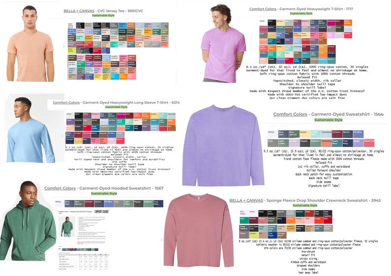 May include: A collage of images showcasing different styles of t-shirts, long-sleeve shirts, and sweatshirts. The images feature various colors and styles, including a pink t-shirt, a light blue long-sleeve shirt, a lavender sweatshirt, and a pink long-sleeve shirt. The text "Comfort Colors" and "Sustainable Style" is visible in the images.