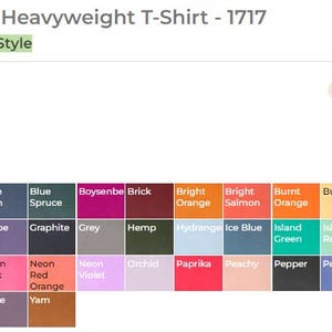 May include: A color chart showing a variety of garment-dyed colors for a heavyweight t-shirt. The colors are arranged in rows and columns, and include shades of white, black, blue, green, red, orange, yellow, brown, and purple. The text "Comfort Colors - Garment-Dyed Heavyweight T-Shirt - 1717" is at the top of the image. The text "Sustainable Style" is in a green box below the title. The text "Color: Neon Violet" is below the color chart.
