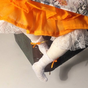 May include: A doll with white lace socks and orange ruffled skirt sitting on a stack of books.