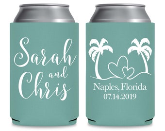 Custom Bridal Beverage Insulators Personalized Sandy Toes and Salty Kisses Beach Wedding Favors Wedding Can Coolers Beer Huggers
