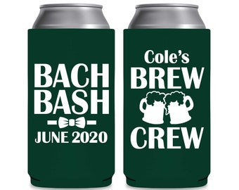 Bachelor Party Beer Holders SLIM Can Coolers Personalized Gifts for Groomsmen Bachelor Can Coolers Bach Bash Brew Crew 1AB 8.3 or 12oz