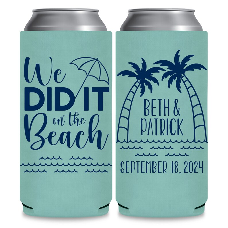May include: Two blue and white can coolers. The left cooler has the text 'We DID IT on the Beach' with a blue umbrella. The right cooler has two palm trees with the text 'Beth & Patrick' and 'SEPTEMBER 18, 2024'.