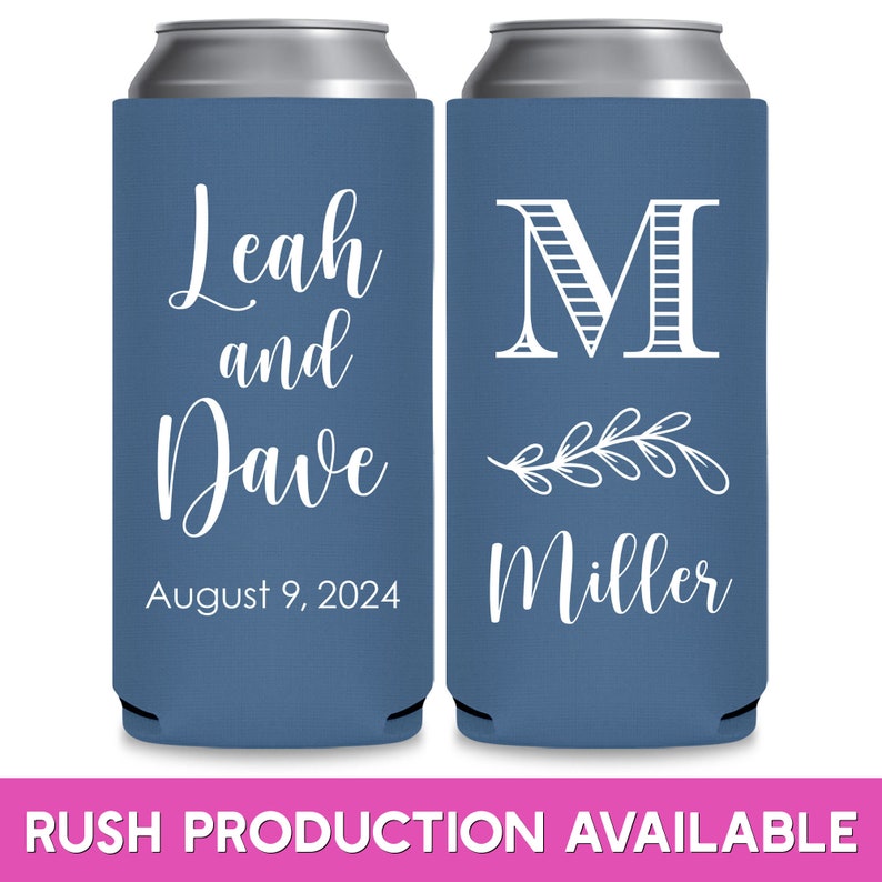 May include: Two blue can coolers with white text. The left cooler says 'Leah and Dave August 9, 2024'. The right cooler says 'M Miller' with a decorative branch and a striped letter M.