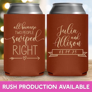 Tinder Wedding Can Coolers Funny Wedding Favors for Guests in Bulk Wedding Party Gifts All Because Two People Swiped Right Wedding Ideas 1A