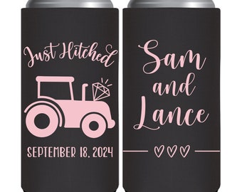 Country Wedding Can Coolers Barn Wedding Favors for Guests in Bulk Slim Can Coolers Wedding Party Gift Just Hitched 1A Tractor Wedding Decor