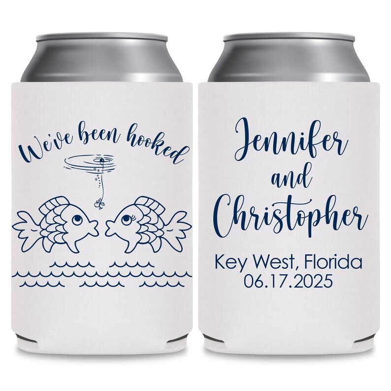May include: Two white can coolers with blue text and illustrations. The cooler on the left has two fish kissing with a fishing line and bobber above them. The text reads 'We've been hooked'. The cooler on the right has the text 'Jennifer and Christopher Key West, Florida 06.17.2025'.