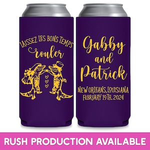 May include: Two purple and gold can coolers. The left cooler has a graphic of two alligators dancing with the text 'LAISSEZ LES BONS TEMPS rouler.' The right cooler has the text 'Gabby and Patrick NEW ORLEANS, LOUISIANA FEBRUARY 19TH, 2024.'