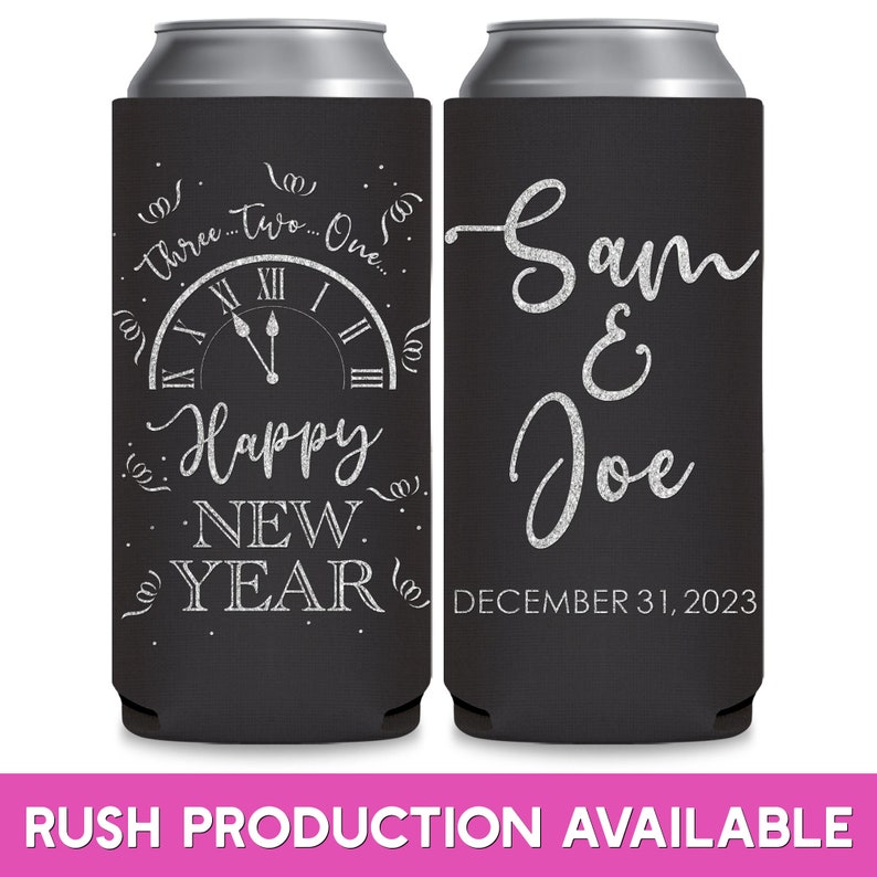 May include: Two black and silver can coolers. The cooler on the left has a clock face with the words 'Three... Two... One... Happy New Year' around it. The cooler on the right has the words 'Sam & Joe' and 'December 31, 2023'.