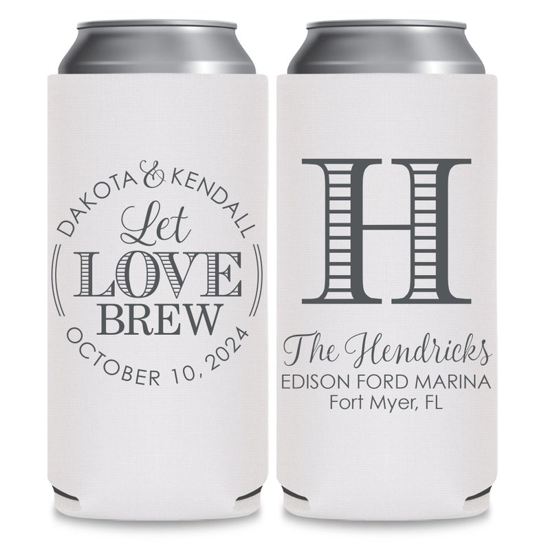 May include: Two white can coolers with a gray design. The left cooler has a circle with the text 'Dakota & Kendall Let Love Brew October 10, 2024'. The right cooler has a large gray letter 'H' and the text 'The Hendricks Edison Ford Marina Fort Myer, FL'.