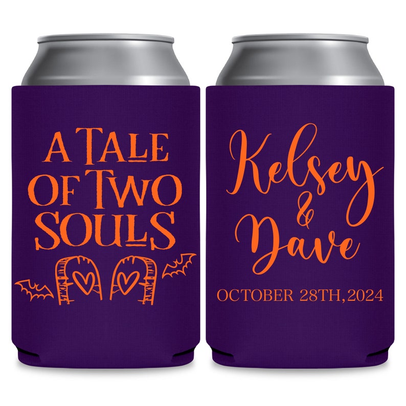 May include: Two purple can coolers with orange text. The left cooler has the text 'A Tale of Two Souls' with a drawing of two tombstones with hearts on them and bats. The right cooler has the text 'Kelsey & Dave' and 'October 28th, 2024'.