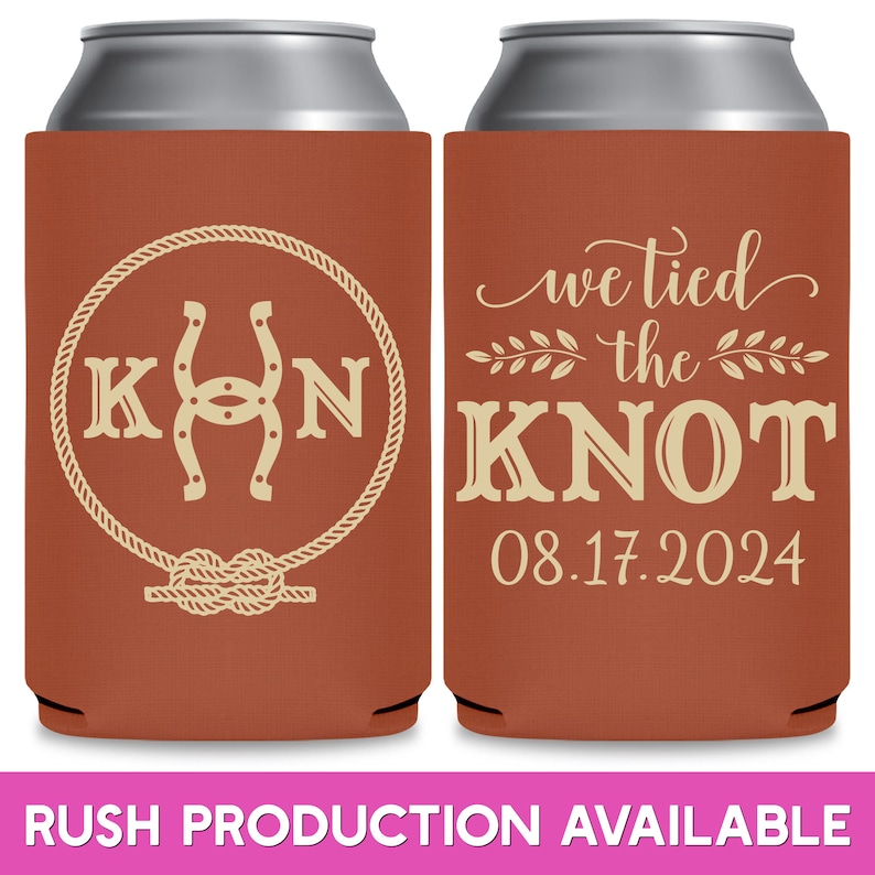 May include: Two brown and beige can coolers with a rustic wedding theme. The cooler on the left has a horseshoe and rope design with the letters 'K' and 'N' on either side of the horseshoe. The cooler on the right has the text 'we tied the knot' with a date of '08.17.2024'.