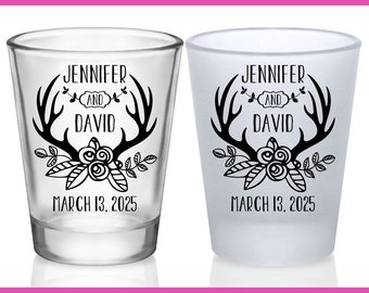 Country Wedding Favors for Guests in Bulk Barn Wedding Shot Glasses Customized Shot Glasses Country Wedding Party Gifts Floral Antlers 1B