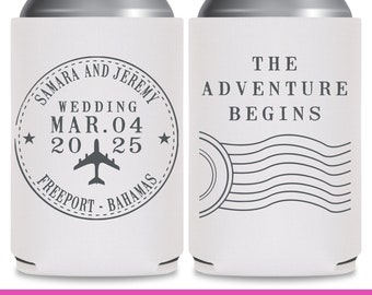 Travel Wedding Can Coolers for Wedding Party Gifts Destination Wedding Favors for Guests in Bulk The Adventure Begins Wedding Favor Ideas 1A
