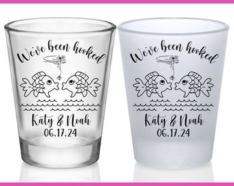 Beach Wedding Favors for Guests in Bulk Custom Shot Glasses Personalized Shot Glasses Wedding Party Gifts for Guests We've Been Hooked 1A