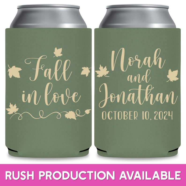 May include: Two green and beige can coolers with a fall wedding theme. The left cooler says 'Fall in love' with a vine and leaves design. The right cooler says 'Norah and Jonathan' with the date 'October 10, 2024'.