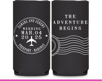 Wedding Can Coolers Wedding Party Gift Destination Wedding Favors for Guests Slim Can Coolers The Adventure Begins Wedding Favor Ideas 1A