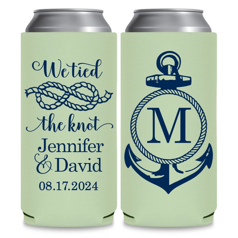 May include: Two green and white can coolers with a nautical theme. The left cooler has a rope knot design and the text 'We tied the knot Jennifer & David 08.17.2024'. The right cooler has an anchor with a rope design and the letter 'M' in a circle.