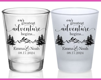 Wedding Shot Glasses Wedding Favors for Guests in Bulk Personalized Shot Glasses Woods Wedding Party Gifts Our Greatest Adventure Begins 1B