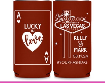Las Vegas Wedding Favors for Guests in Bulk Slim Can Coolers for Casino Wedding Party Gifts Wedding Can Coolers Lucky In Love We Eloped 1A