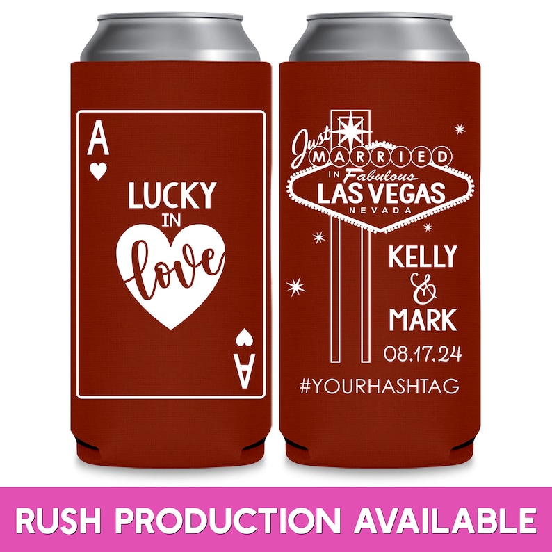 Las Vegas Wedding Favors for Guests in Bulk Slim Can Coolers for Casino Wedding Party Gifts Wedding Can Coolers Lucky In Love We Eloped 1A image 1