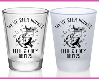 Beach Wedding Favors for Guests in Bulk Custom Shot Glasses Personalized Shot Glasses Wedding Party Gifts for Guests We've Been Hooked 2A