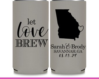 Wedding Slim Can Coolers With Map Destination Wedding Favors for Guests in Bulk Let Love Brew Wedding Party Gift Beer Wedding Favors Idea 1B
