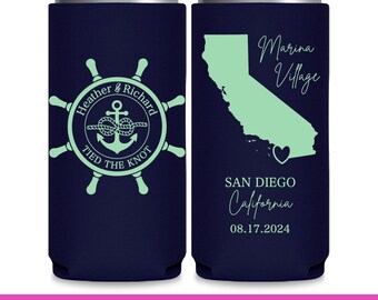 Nautical Wedding Can Coolers With Map Cruise Wedding Favors for Guests in Bulk We Tied The Knot Slim Can Coolers Sea Wedding Favor Ideas 1A