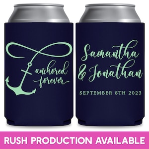 May include: Two navy blue can coolers with a light green anchor and infinity symbol on the left cooler and the text 'anchored forever'. The right cooler has the text 'Samantha & Jonathan' and 'SEPTEMBER 8TH 2023'.