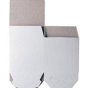 May include: Two cardboard boxes, one larger than the other, are shown. The boxes are both white with a brown top flap. The boxes have a fold-over design and are meant to be folded into a box shape.