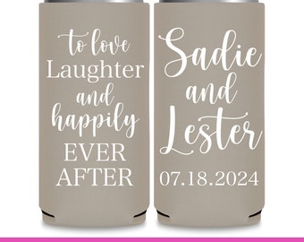 Fairytale Wedding Can Coolers Custom Wedding Favors for Guests Slim Can Coolers Wedding Party Favor Idea Love Laughter Happily Ever After 4A