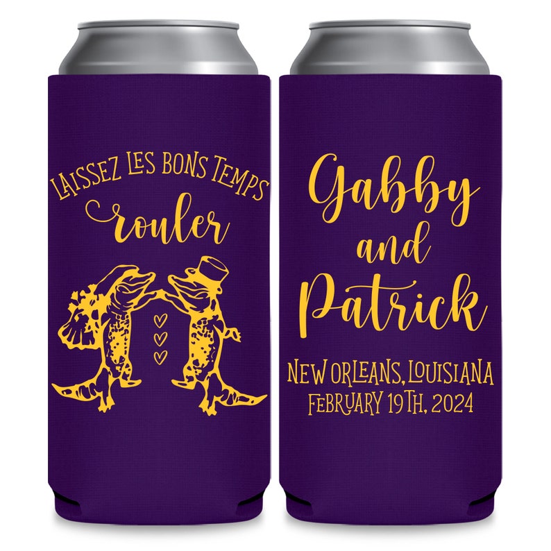 May include: Two purple and gold can coolers. The left cooler has a graphic of two alligators dancing and the text 'LAISSEZ LES BONS TEMPS rouler'. The right cooler has the text 'Gabby and Patrick NEW ORLEANS, LOUISIANA FEBRUARY 19TH, 2024'.
