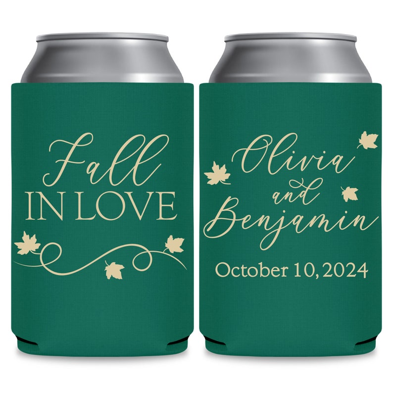 May include: Two green can coolers with white text. The left cooler says 'Fall in Love' with a vine and leaves design. The right cooler says 'Olivia and Benjamin' with a date of 'October 10, 2024'.