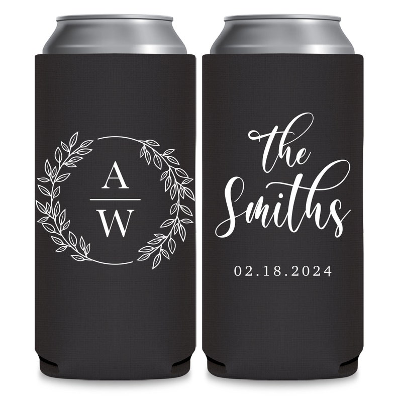 May include: Two black can coolers with white text. The cooler on the left has a wreath with the letters A and W inside. The cooler on the right has the text 'the Smiths' and '02.18.2024'.
