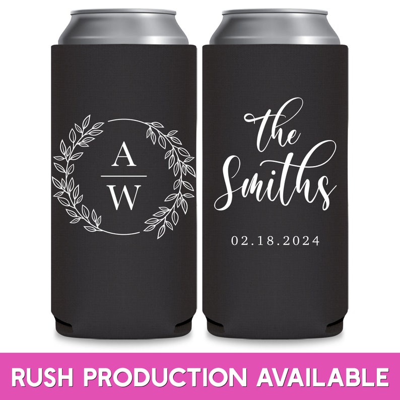 May include: Two black can coolers with white text. The cooler on the left has a wreath with the letters 'A' and 'W' inside. The cooler on the right has the text 'the Smiths' and '02.18.2024'.