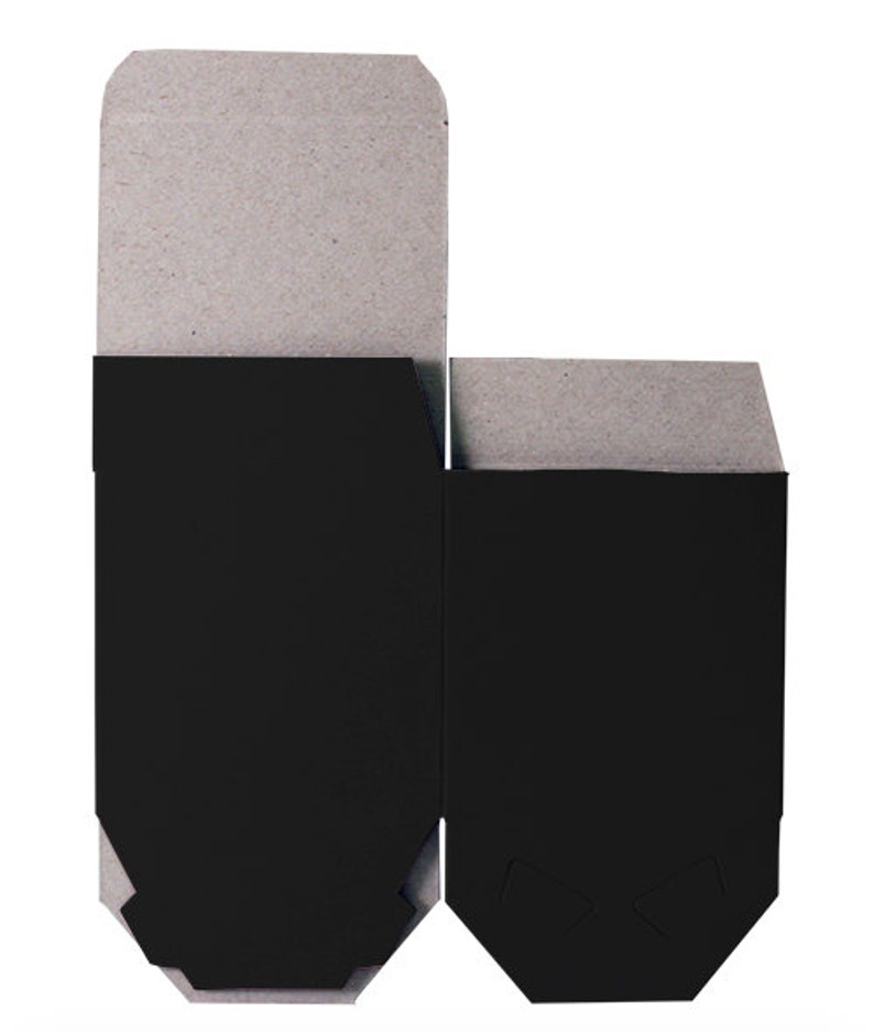 May include: Two cardboard boxes with black interiors. The boxes are open and the interiors are visible. The boxes are made of a light brown cardboard.